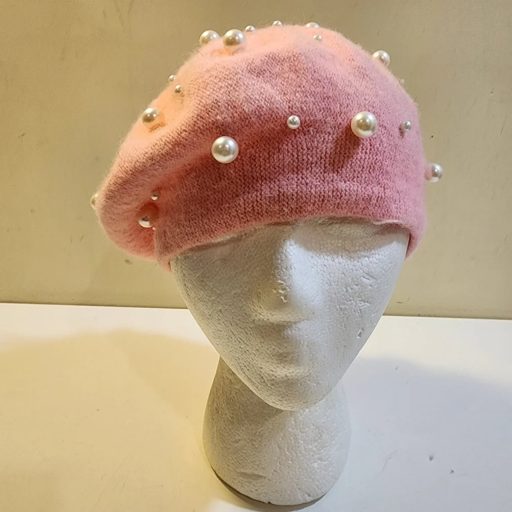 Pink Wool Beret with Pearl Embellishments
